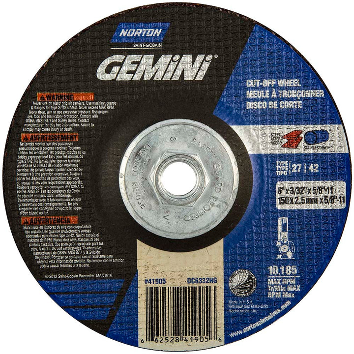 6 x 3/32" 36-Grit Aluminum Oxide Grinding & Cutoff Wheel - Norton 66252841905