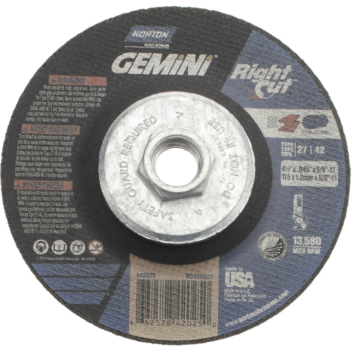 4-1/2" 46-Grit Aluminum Oxide Grinding & Cutoff Wheel - Norton 66252842025