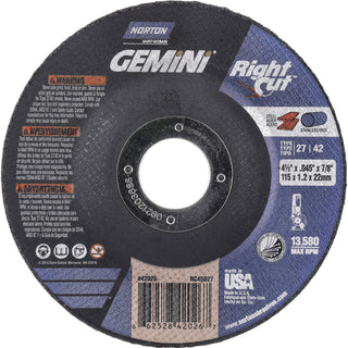 4-1/2" 46-Grit Aluminum Oxide Grinding & Cutoff Wheel - Norton 66252842026