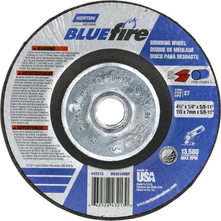 4-1/2 x 1/4" 24-Grit Zirconia Alumina Grinding & Cutoff Wheel - Norton 66252843213