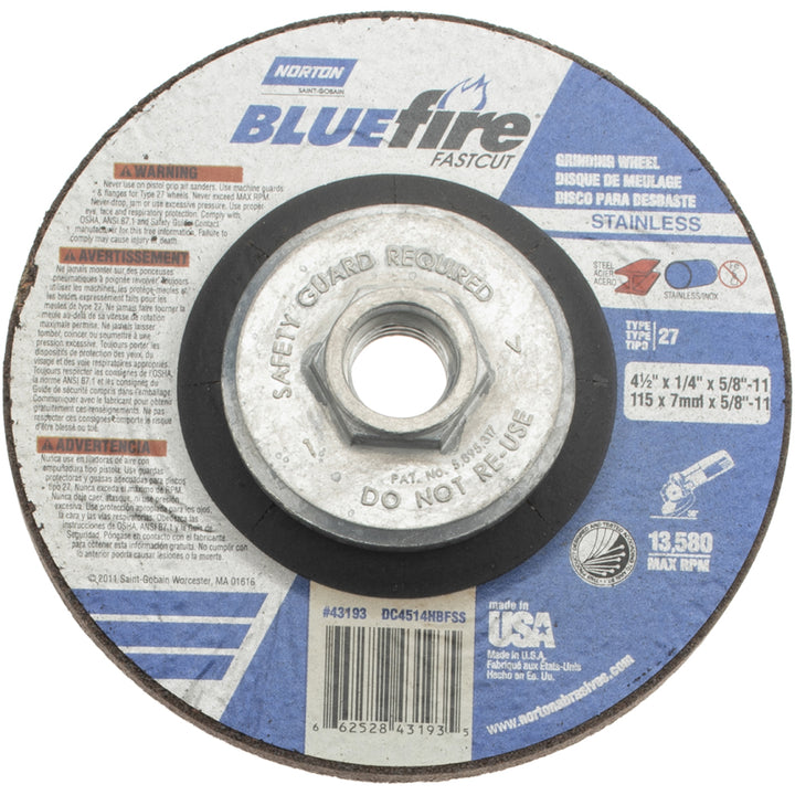 4-1/2 x 1/4" 24-Grit Zirconia Alumina Grinding & Cutoff Wheel - Norton 66252843193