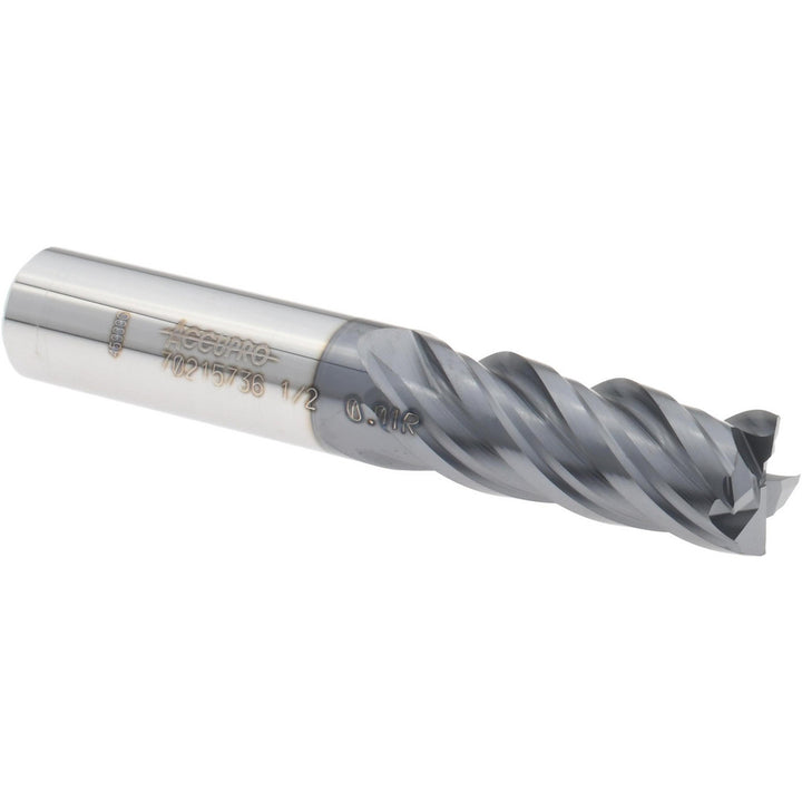 1/2" 4-Flute Solid Carbide Corner Radius End Mill, AlTiN - Accupro 12180501