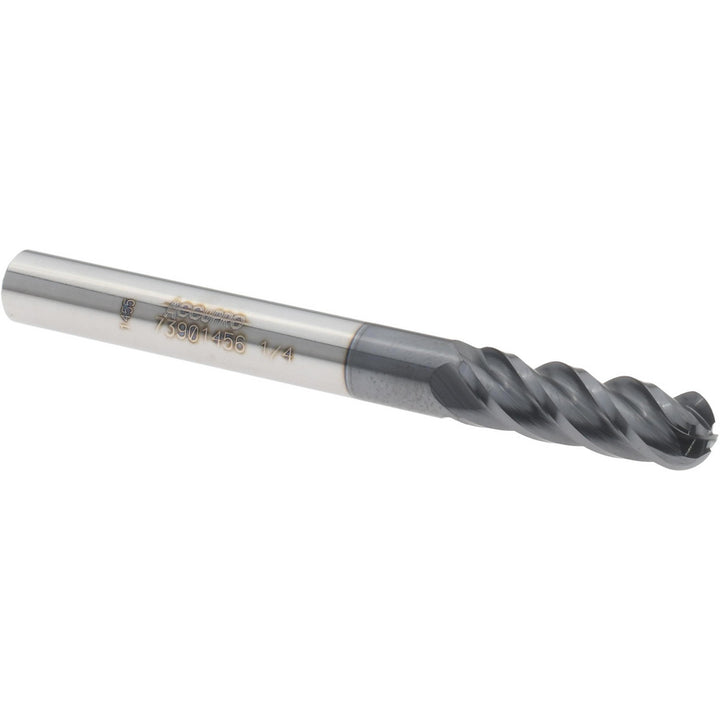 1/4" 4-Flute Solid Carbide Ball End Mill, AlTiN - Accupro 12177117