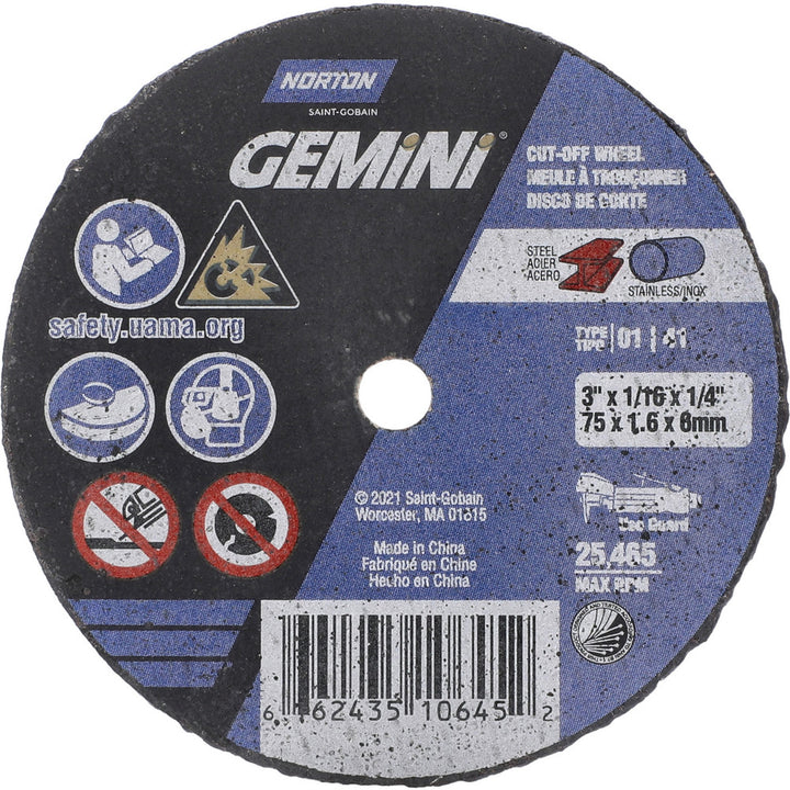3 x 1/16" Aluminum Oxide Grinding & Cutoff Wheel - Norton 66243510645