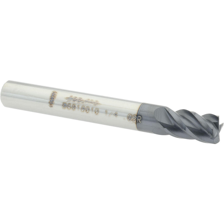 1/4" 4-Flute Solid Carbide Corner Radius End Mill, AlTiN - Accupro 12182812