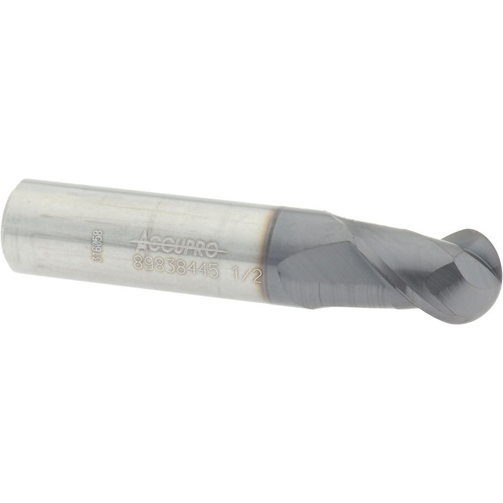 1/2" 2-Flute Solid Carbide Ball End Mill, AlTiN - Accupro 12184195