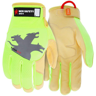 Medium Gold; Lime Green Nylon; Spandex; Goatskin Leather Mechanic's & Lifting Gloves - MCR Safety 964M